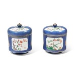 A Pair of Chinese Powder-Blue-Ground Famille-Verte 'Floral' Jars and Covers, Qing Dynasty, 19th Century