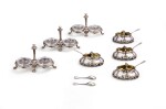 A set of four French silver double salt-cellars, with a French silver double salt-cellar, probably by Odiot, circa 1870, together with a pair of silver and vermeil cellar spoons