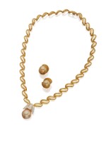 PAIR OF CULTURED PEARL EARCLIPS AND CULTURED PEARL AND DIAMOND NECKLACE, HENRY DUNAY
