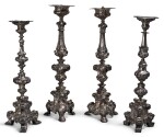 TWO SIMILAR PAIRS OF BAROQUE SILVER ALTAR CANDLESTICKS, PROBABLY SPANISH OR ITALIAN, 18TH CENTURY