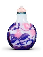 A pink and blue overlay white glass 'peaches and bats' snuff bottle Qing dynasty, 18th century | 清十八世紀 涅白地套二色料福壽雙全鼻煙壺