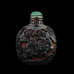 A carved cinnabar and black lacquer 'eight immortals' snuff bottle, Qing dynasty, 18th - 19th century | 清十八至十九世紀 朱地剔黑八仙圖鼻煙壺