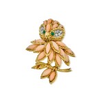 Gold, Coral, Diamond and Emerald Clip-Brooch, France