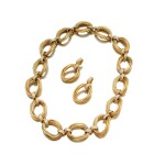 Three-Color Gold and Diamond Necklace-Bracelet Combination and Pair of Earclips