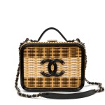 Yellow and Black Rattan Woven Top Handle Vanity Case Silver Hardware, 2019