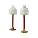 A Pair of Palmers Patent Brass Mounted Red Lacquered Table Lamps with Dome Glass Shades