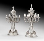 A pair of large Louis XVI style silver six-light candelabra, Germany, circa 1900 | Paire de grands chandeliers à six lumières de style Louis XVI en argent, Allemagne, vers 1900
