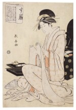 EISHOSAI CHOKI (ACTIVE CIRCA 1780-1810) A COURTESAN SEATED TEARING A LETTER, EDO PERIOD (LATE 18TH CENTURY)