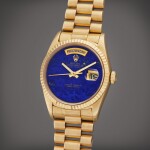 Reference 18238 Day-Date | A yellow gold automatic wristwatch with day, date, bracelet and lapis lazuli dial, Circa 1995