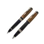 DELTA | A LIMITED EDITION SET OF TWO WRITING INSTRUMENTS CONSISTING OF A BLUE MARBLED RESIN AND WOOD BALLPOINT AND ROLLERBALL PEN, CIRCA 2000 