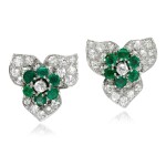 Pair of emerald and diamond earrings, 1980s