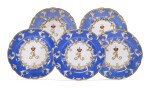 FIVE PORCELAIN DINNER PLATES FROM THE FARM PALACE BANQUET SERVICE, IMPERIAL PORCELAIN FACTORY, ST PETERSBURG, PERIOD OF ALEXANDER III, 1890