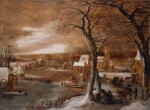 Winter landscape with horse-drawn wagons in a village near a frozen river