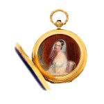 A gold and enamel hunting cased cylinder watch made to commemorate the 30th anniversary of the arrangement of marriage between princess charlotte of Prussia (later empress Alexandra Feodorovna) and grand duke Nicholas I Pavlovich (later tsar Nicholas I), the cuvette with painted portrait of empress Alexandra by Ivan Winberg  Circa 1844, no. 65960