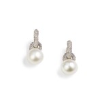 Pair of cultured pearl and diamond earrings [Paire de boucles d'oreille perles de culture et diamants]