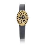 Mini Baignoire Panther Spots | A yellow gold, black enamel and diamond-set wristwatch, Circa 2005 | 卡地亞 | Mini Baignoire Panther Spots | 黃金鑲黑色琺瑯及鑽石腕錶，約2005年製