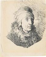 REMBRANDT HARMENSZ. VAN RIJN  |  WOMAN WITH A HIGH HEADDRESS WRAPPED AROUND THE CHIN: BUST (B., HOLL. 358; NEW HOLL. 58; H. 83)