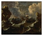 Frigates in a storm off a rocky coast