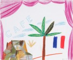 Café with Palm Tree and Clouds Surrounded by a Curtain