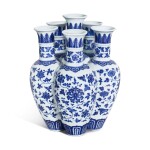 An extremely rare blue and white 'lotus' conjoined vase, Seal mark and period of Qianlong | 清乾隆 青花纏枝番蓮六聯瓶 《大清乾隆年製》款