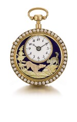 'THE BARKING DOG'  PIGUET & MEYLAN | A VERY FINE, RARE AND SMALL GOLD, ENAMEL AND PEARL-SET OPEN-FACED QUARTER REPEATING AUTOMATON WATCH MADE FOR THE CHINESE MARKET  CIRCA 1810, NO. 277