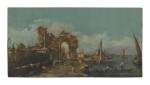 Sold Without Reserve | MANNER OF FRANCESCO GUARDI, LATE 19TH CENTURY | A CAPRICCIO VIEW OF A VENETIAN LAGOON, WITH A RUINED ARCH, BOATS, AND FIGURES