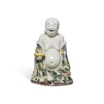 A Chinese Famille-Verte Biscuit Figure of Budai, Qing Dynasty, Kangxi Period