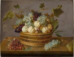 Still life of peaches and grapes in a basket