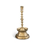 Very Fine and Rare Northwestern European Cast Brass Five-Knop Circular-Based Candlestick, Late 15th Century