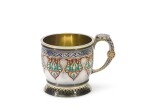 A silver-gilt and champlevé enamel teaglass holder, Sazikov, St Petersburg, late 19th century