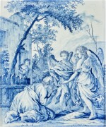 A Dutch Delft Blue and White Large Rectangular Plaque, 'Abraham Kneeling before the Three Angels', Late 18th/19th Century