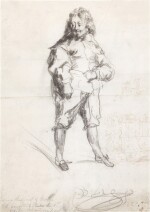 Recto: Study of a man with his hand on his waist, possibly William of Orange Verso: Study for a Coat of Arms and subsidiary studies of a goat and a hand with a dagger