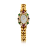 REF 8510 E104 YELLOW GOLD DIAMOND, SAPPHIRE, RUBY AND EMERALD-SET BRACELET WATCH WITH MOTHER-OF-PEARL DIAL CIRCA 1994