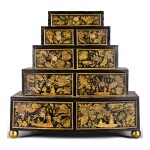 A REGENCY BLACK JAPANNED PENWORK GRADUATED TABLE CHEST OF DRAWERS, CIRCA 1815
