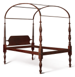 VERY FINE AND RARE FEDERAL RED-STAINED CARVED AND TURNED MAPLE FOUR-POST TESTER BEDSTEAD, NEW HAMPSHIRE, CIRCA 1805