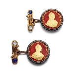 A pair of Fabergé jewelled varicoloured gold and guilloché enamel cufflinks, Moscow, circa 1890