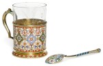 A silver gilt and cloisonné enamel tea glass holder and a spoon, Feodor Rückert, Moscow, 1899-1908, retailed by Ovchinnikov