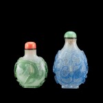 Two overlay glass 'chilong' snuff bottles, Qing dynasty, 18th century | 清十八世紀 珍珠地套綠、藍料螭龍紋鼻煙壺一組兩件