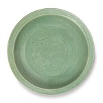 A LARGE INCISED 'LONGQUAN' CELADON-GLAZED 'FIVE-CLAWED DRAGON' DISH,  EARLY MING DYNASTY
