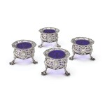 A SET OF FOUR GEORGE II SILVER CHINOISERIE SALTS, THOMAS HEMING, LONDON, 1754