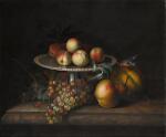 TOBIAS STRANOVER | Peaches on a silver tazza with grapes, a pear, a melon and a bird on a marble ledge