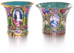 TWO QAJAR GOLD AND POLYCHROME ENAMELLED GHALIAN CUPS, ONE SIGNED 'JAFAR', PERSIA, 19TH CENTURY