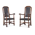 Rare Associated Pair of William and Mary Turned And Joined Maple 'Leather-Back' Armchairs, Boston, Massachusetts, Circa 1725