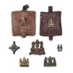 A group of copper-alloy 'stupa' thogchags, Gau box and leather pouches, Tibet, 12th - 15th century 十二至十五世紀 西藏 各式舍利塔天鐵、嘎鳥及皮包一組七件