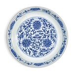 A blue and white 'lotus' dish, Mark and period of Tongzhi | 清同治 青花纏枝蓮紋盤 《大清同治年製》款