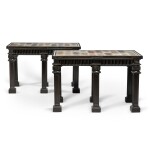 A pair of English specimen marble tops on ebonised bases, 20th century
