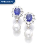 PAIR OF SAPPHIRE, CULTURED PEARL AND DIAMOND EARRINGS