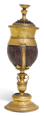 A GERMANIC GILT-COPPER MOUNTED COCONUT CUP AND COVER, UNMARKED, CIRCA 1580
