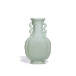 A rare celadon-glazed quadrilobed 'mythical beast' vase, Seal mark and period of Qianlong | 清乾隆 粉青釉仿古龍璧紋夔龍耳海棠式瓶 《大清乾隆年製》款