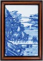 A blue and white porcelain 'landscape' plaque, Republican period | 民國 青花風景人物故事圖瓷板